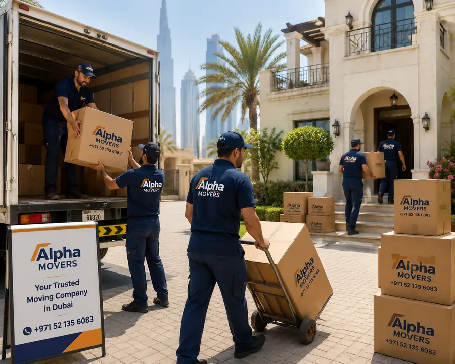 Alpha Movers crew loading boxes at a Dubai villa