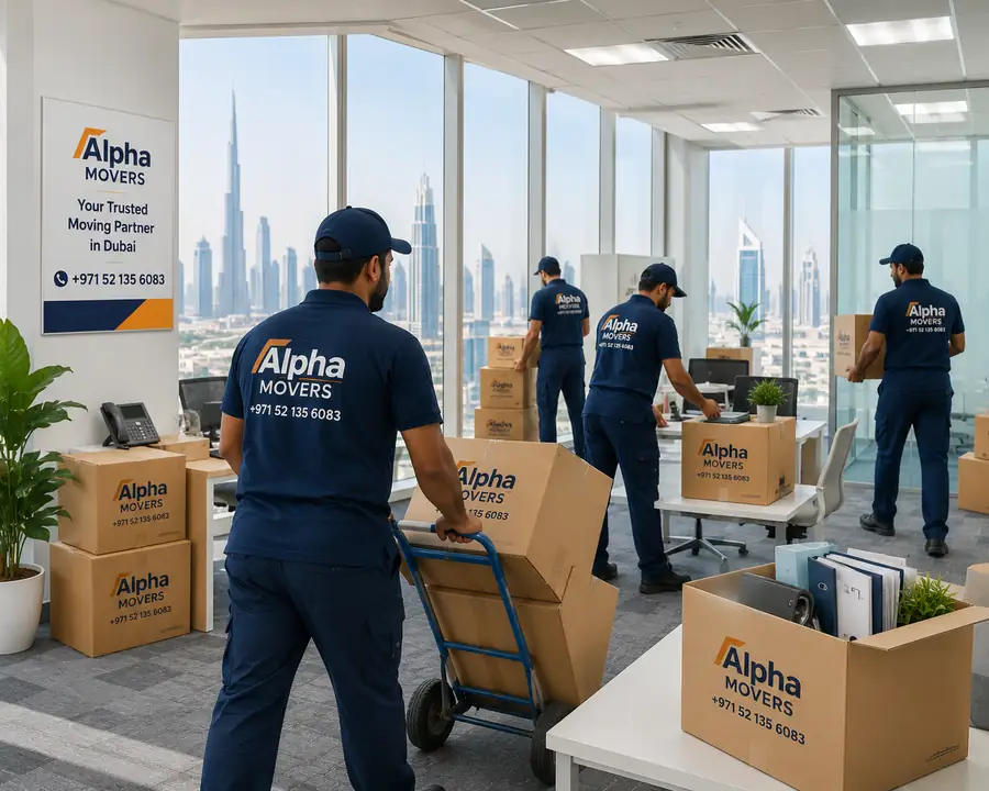 Alpha Movers team packing an office in Dubai