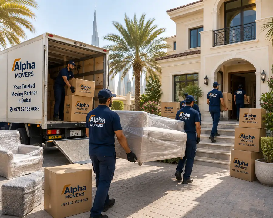 Alpha Movers carrying wrapped furniture out of a Dubai villa