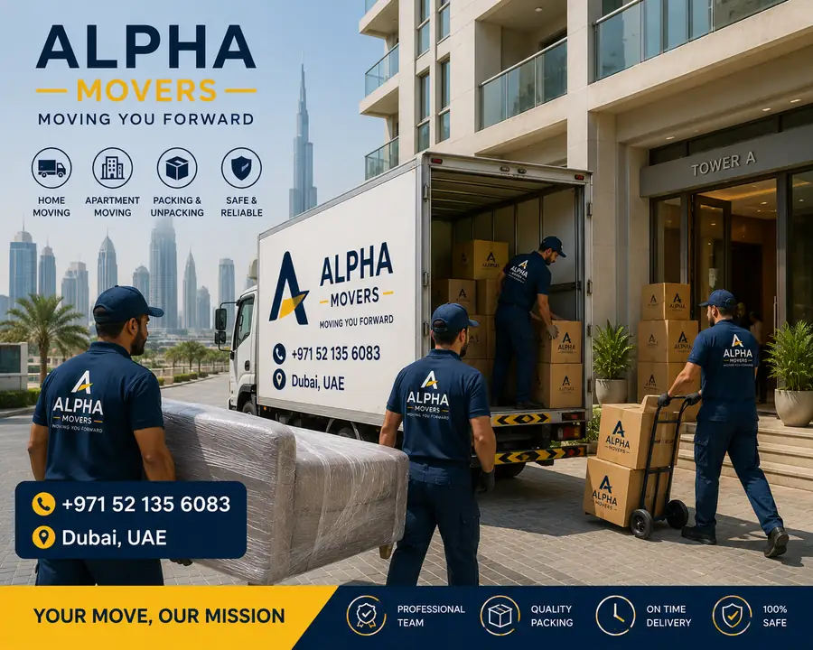 Alpha Movers truck unloading at a Dubai apartment tower